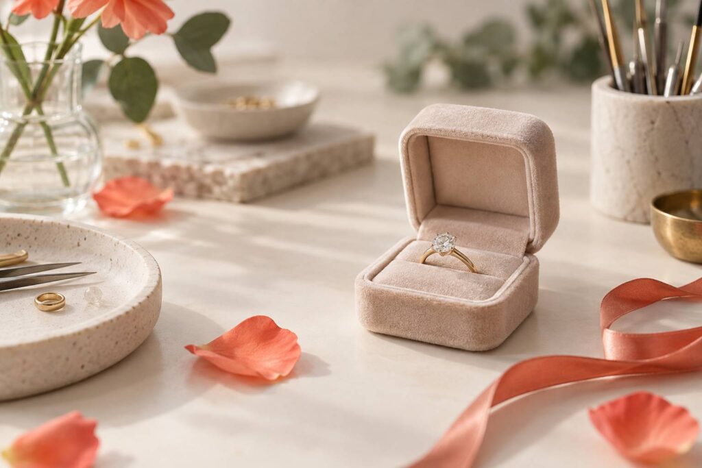 Bague solitaire dans un ecrin de velours ouvert sur une table claire