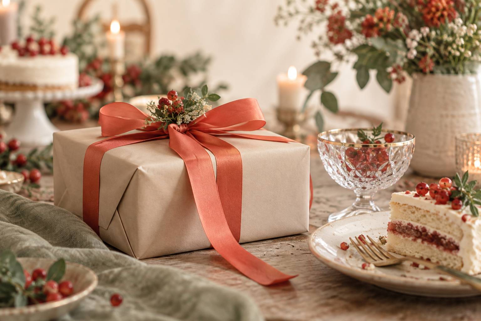 Cadeau emballe avec ruban de satin pres d'une coupelle en cristal