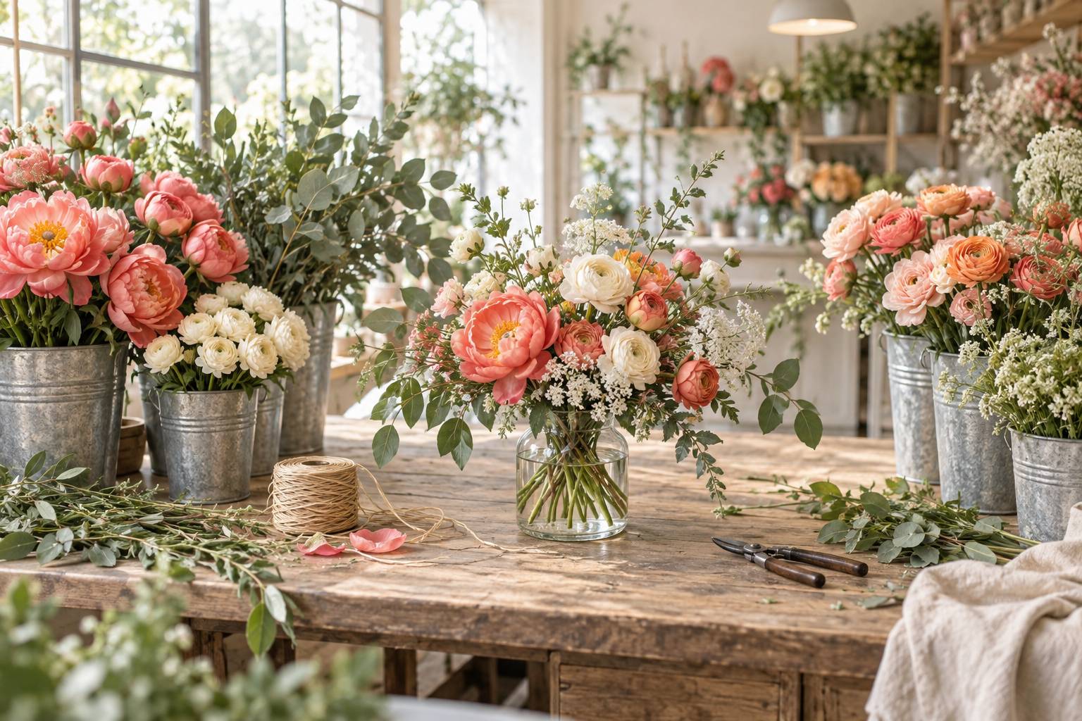 Atelier de fleuriste avec seaux de pivoines et composition en cours