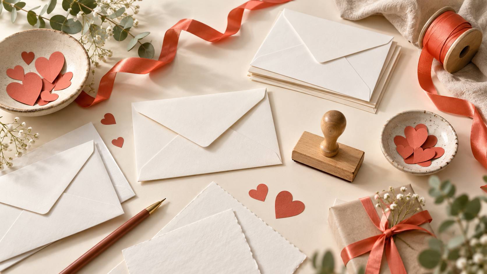 Enveloppes fermées et petits cœurs en papier découpés sur une table d'artisan