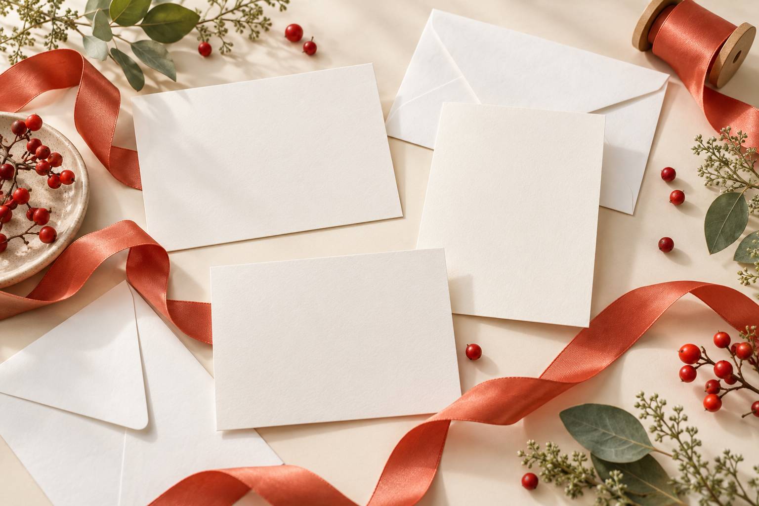Cartes de vœux vierges et enveloppes sur un fond crème