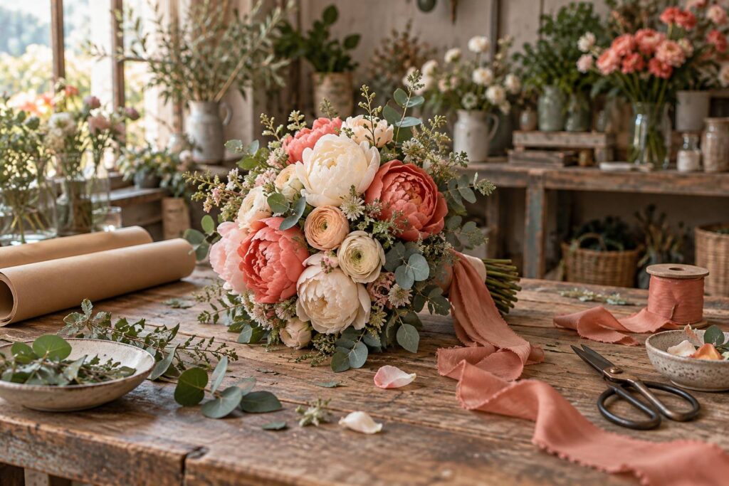Bouquet de mariée aux pivoines crème et corail sur une table d'atelier