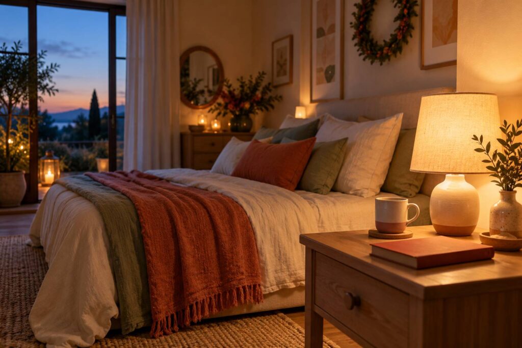 Chambre chaleureuse au crepuscule avec lampe de chevet allumee et livre ferme