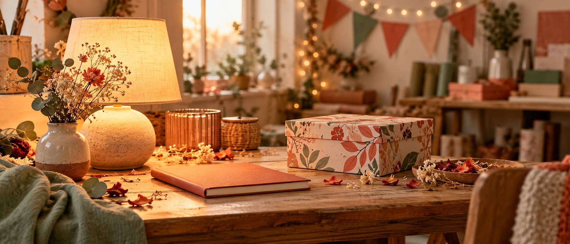 Table de chevet avec lampe allumee et boite decorative au crepuscule
