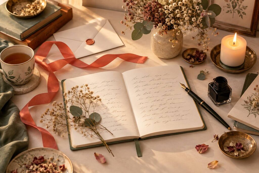Carnet, plume et fleurs séchées pour écrire une lettre d'amour