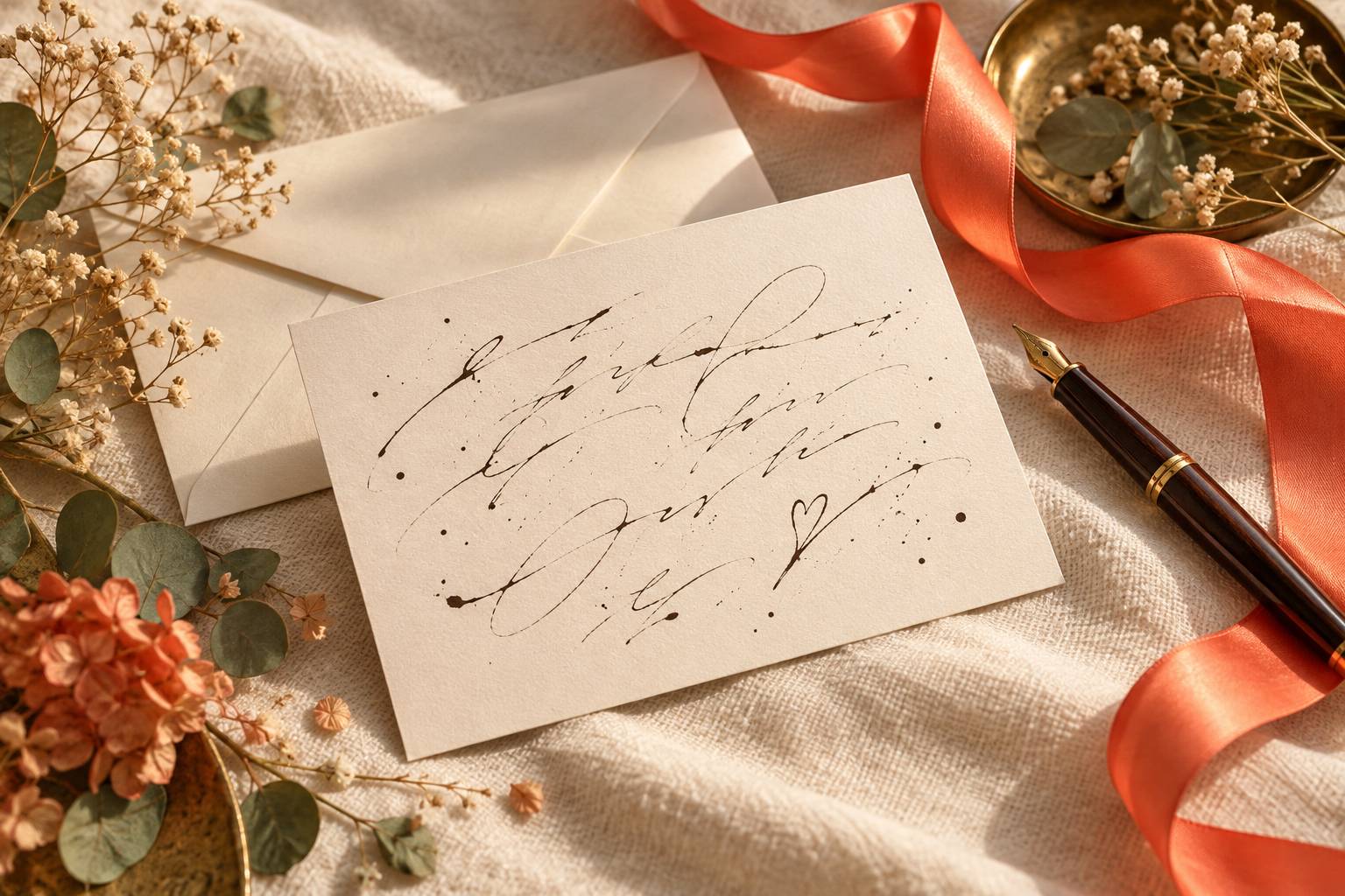 Carte d'anniversaire manuscrite à l'encre illisible avec stylo plume et ruban corail