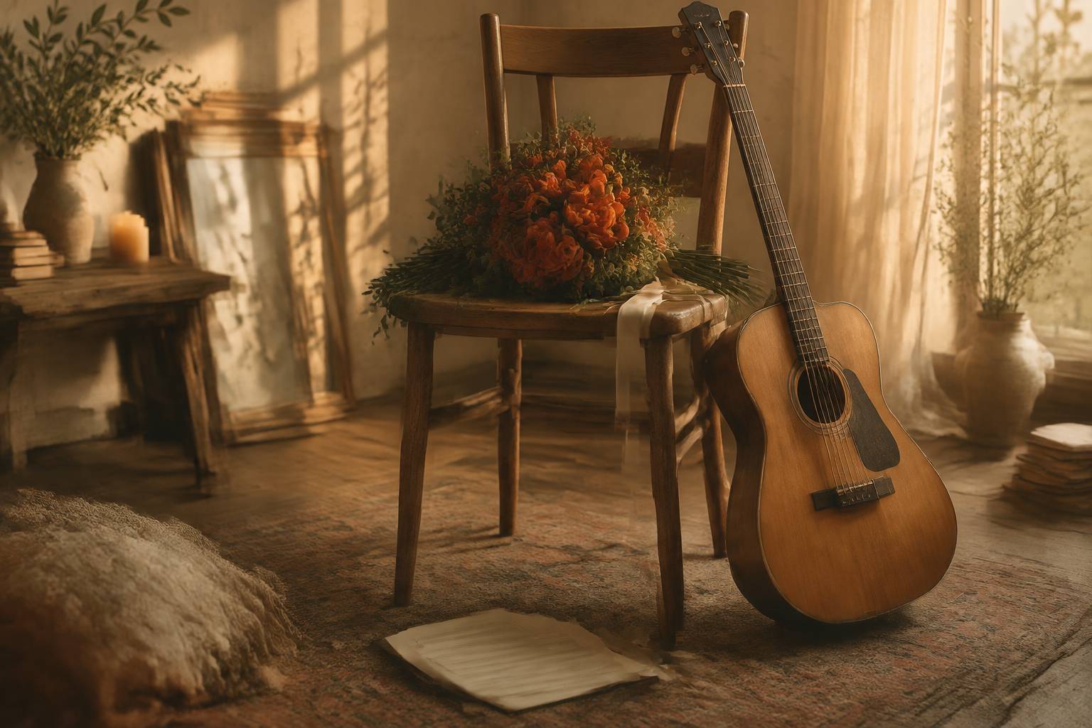 Roses rouges et guitare acoustique avec partition sur une chaise en bois
