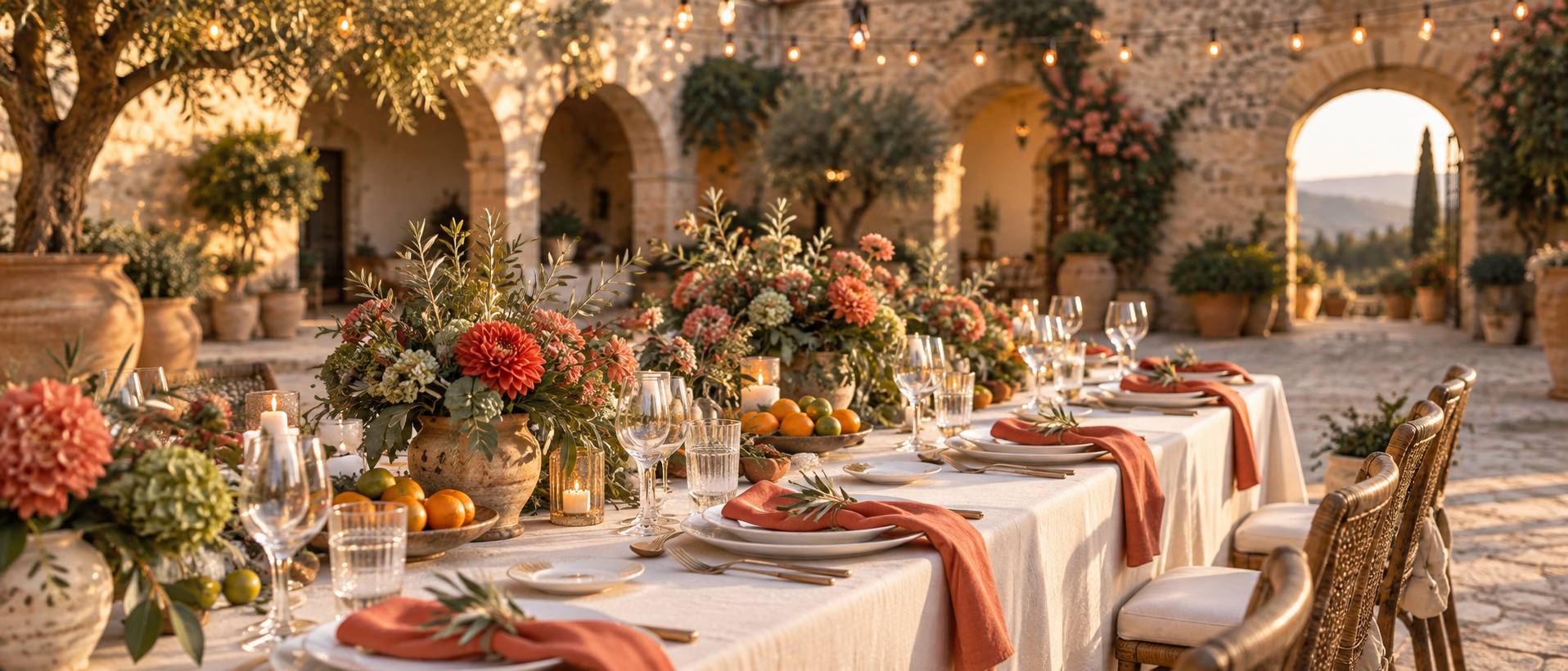 Détail d'une table dressée avec fleurs dans une cour de baglio sicilien