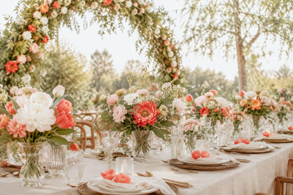 Vue large d'une table de mariage en plein air décorée de compositions florales saisonnières : pivoines, tulipe