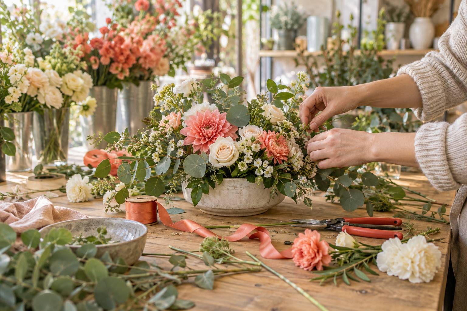 Vue large sur les mains d'une fleuriste (non identifiables) composant un centre de table : tiges fraîches, rub