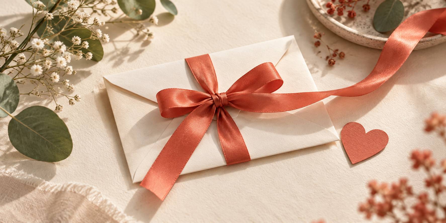 Petite enveloppe creme et noeud de ruban corail sur un papier texture