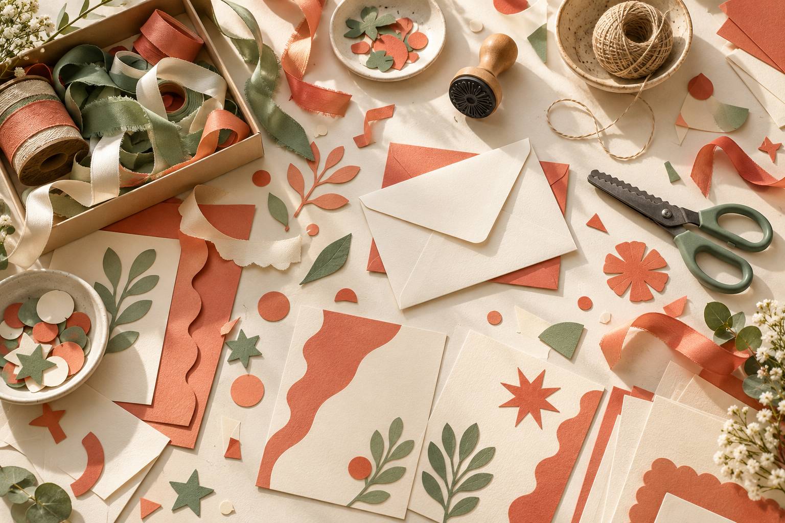 Papiers, enveloppes et rubans d'un atelier de papeterie festive