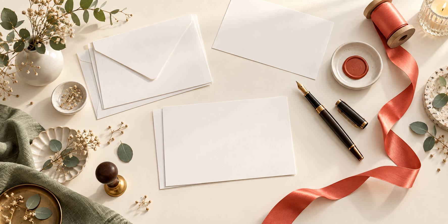 Table d'ecriture avec papeterie, stylo plume et sceau de cire