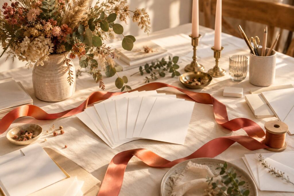 Table de fete avec faire-part vierges, rubans corail et fleurs sechees