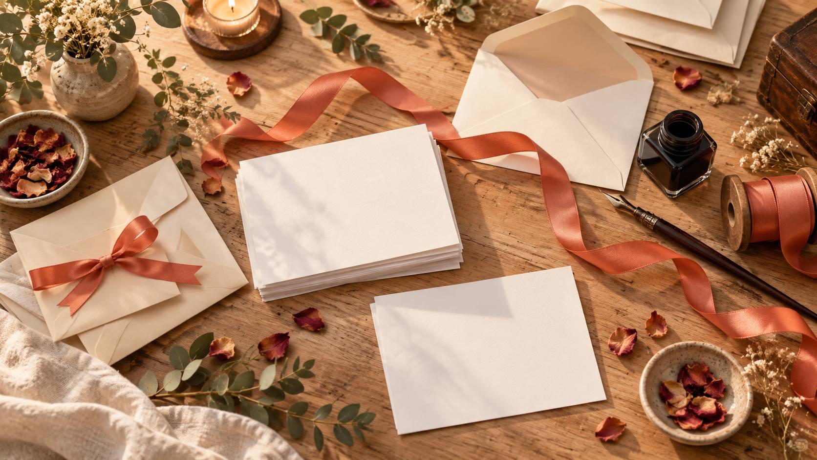 Cartes vierges, enveloppes et ruban corail sur un plan de travail creatif
