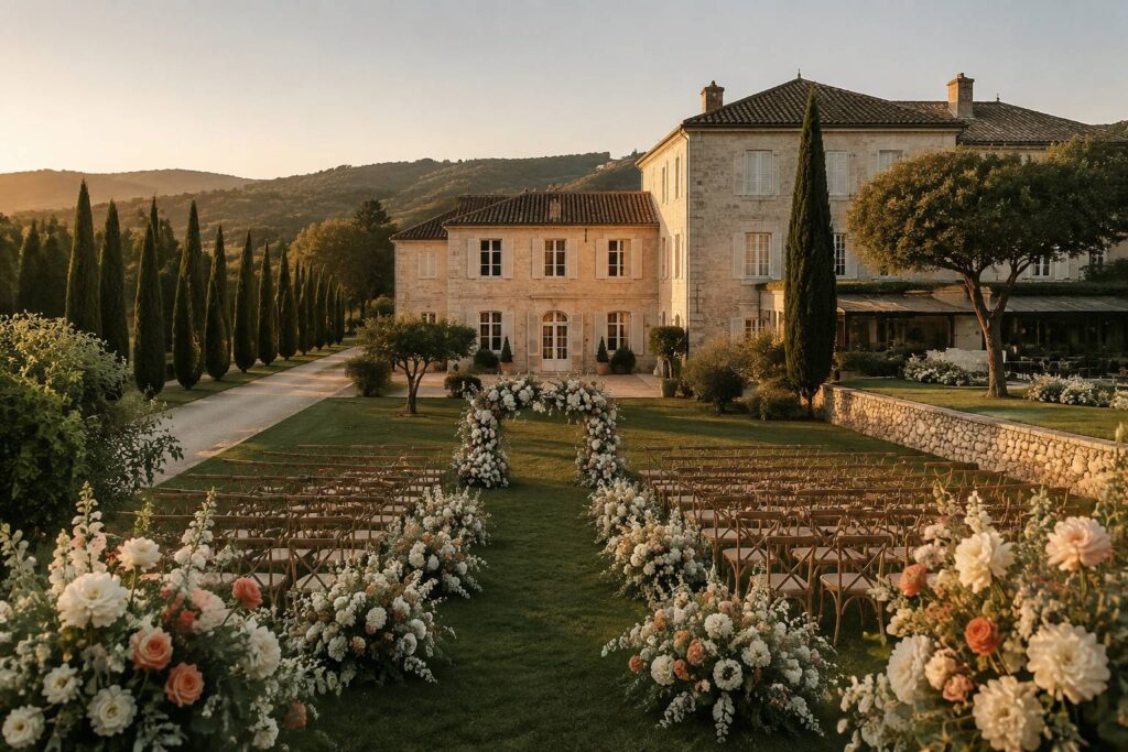 Domaine de château en pierre claire avec cérémonie de mariage en plein air