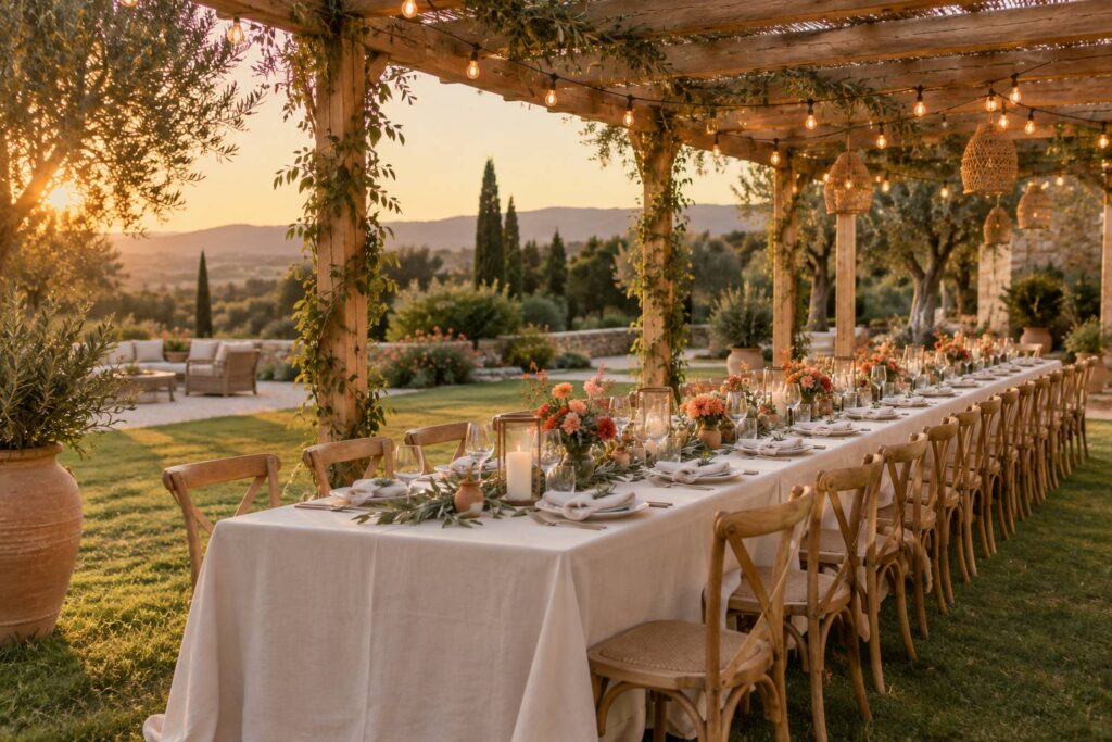 Longue table de mariage sous une pergola ornée de branches d'olivier