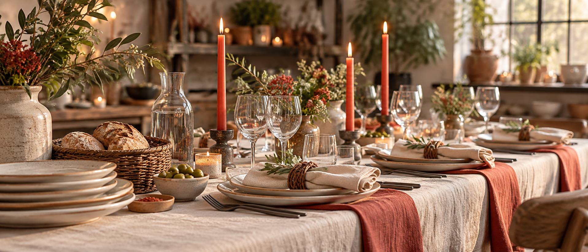 Détail d'une table de fête avec verrerie, bougies et lin ivoire
