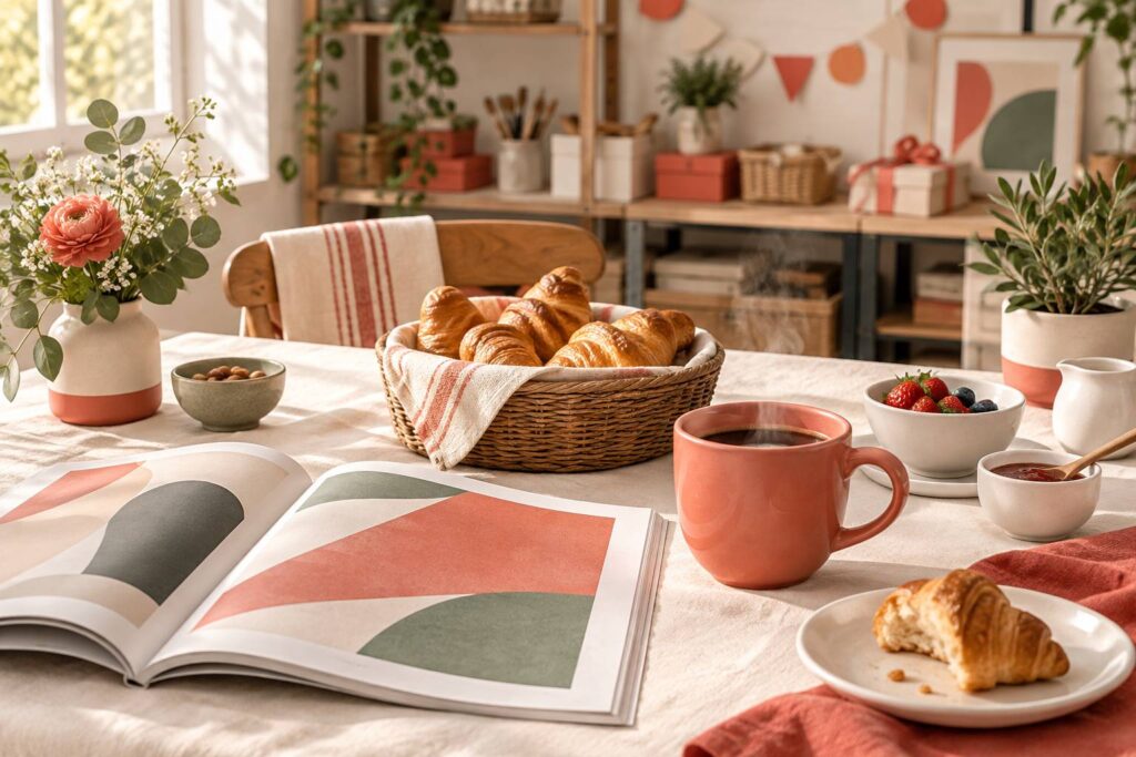 Tasse de cafe et corbeille de croissants sur une table de petit-dejeuner