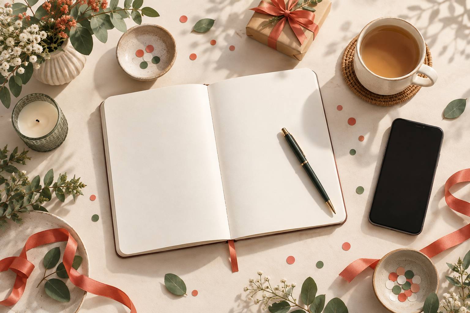 Carnet vierge et stylo sur un bureau matinal avec tasse de the