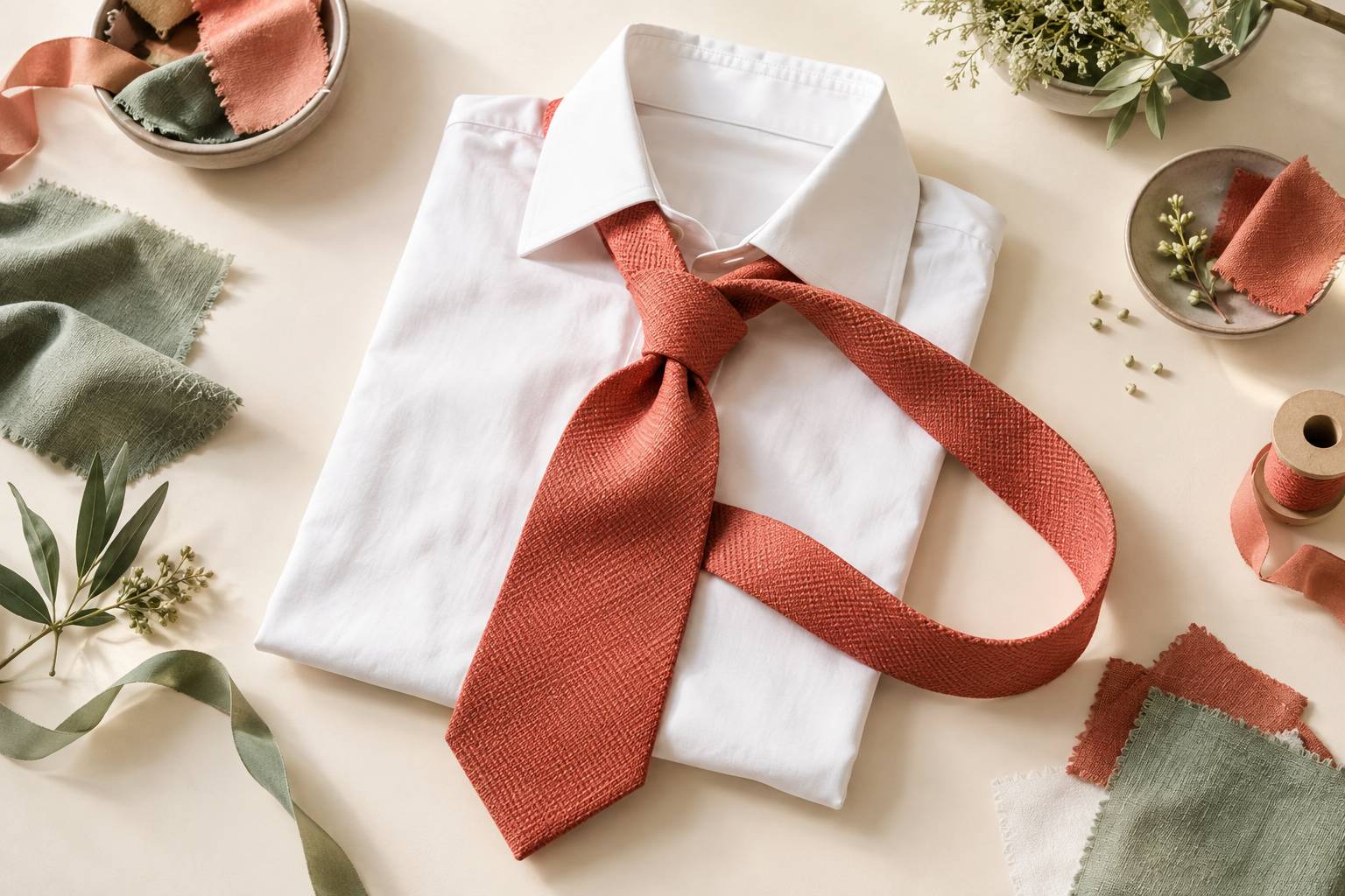 Detail d'un noeud de cravate en cours sur une chemise blanche unie
