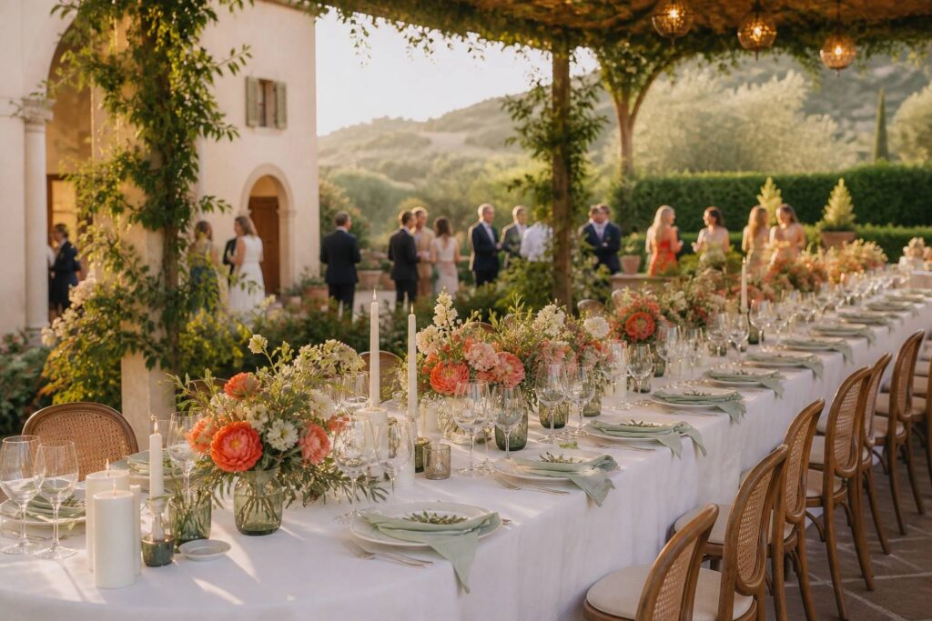 Réception de mariage élégante sous une pergola dans le parc d'une villa italienne