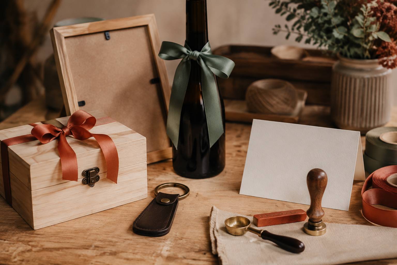 Cadeaux artisanaux personnalisés : boîte en bois, cadre, porte-clés et carte vierge au ruban