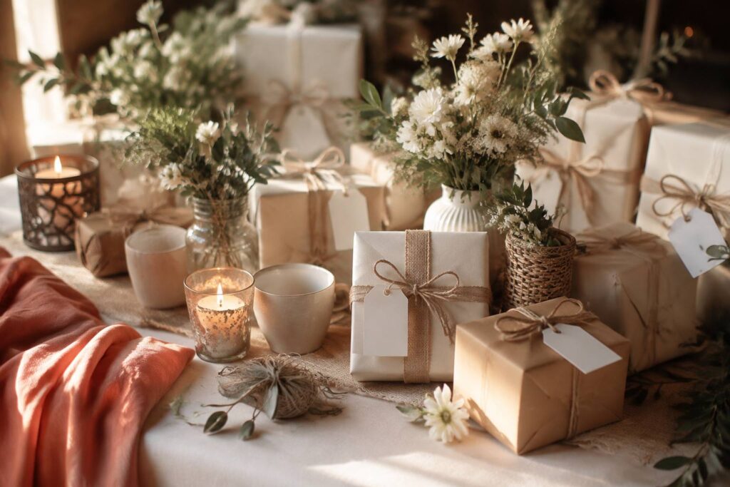 Petits paquets cadeaux élégants en papier crème avec rubans de lin, fleurs blanches et bougie