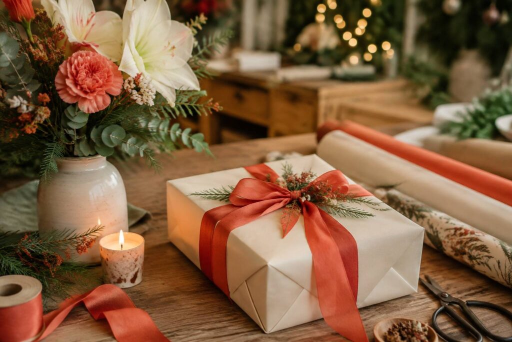 Pacco regalo artigianale con nastro corallo, fiori e candela su un tavolo in legno chiaro