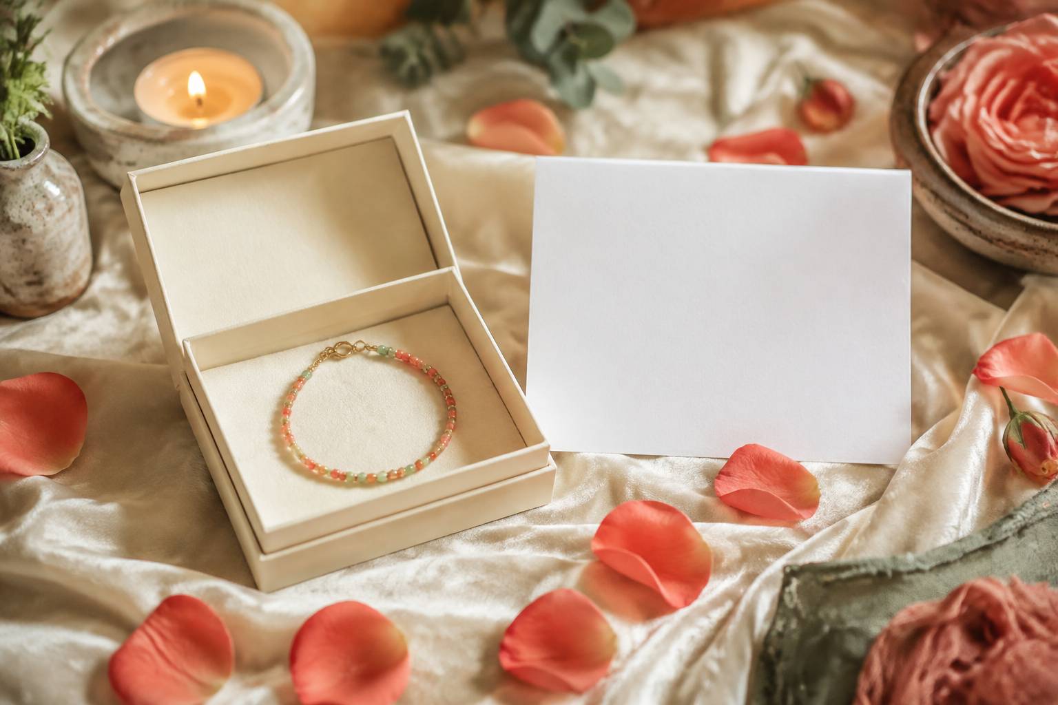Scatolina con bracciale su velluto, petali di rosa e biglietto senza testo