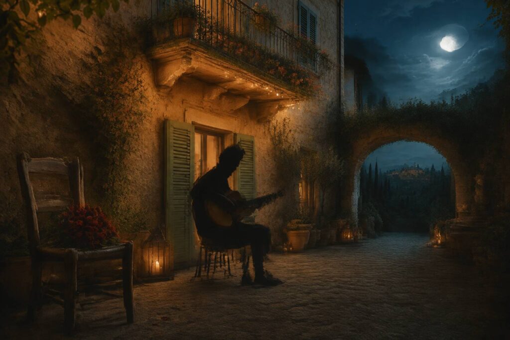 Musicien en silhouette jouant de la guitare sous un balcon illuminé avec des roses