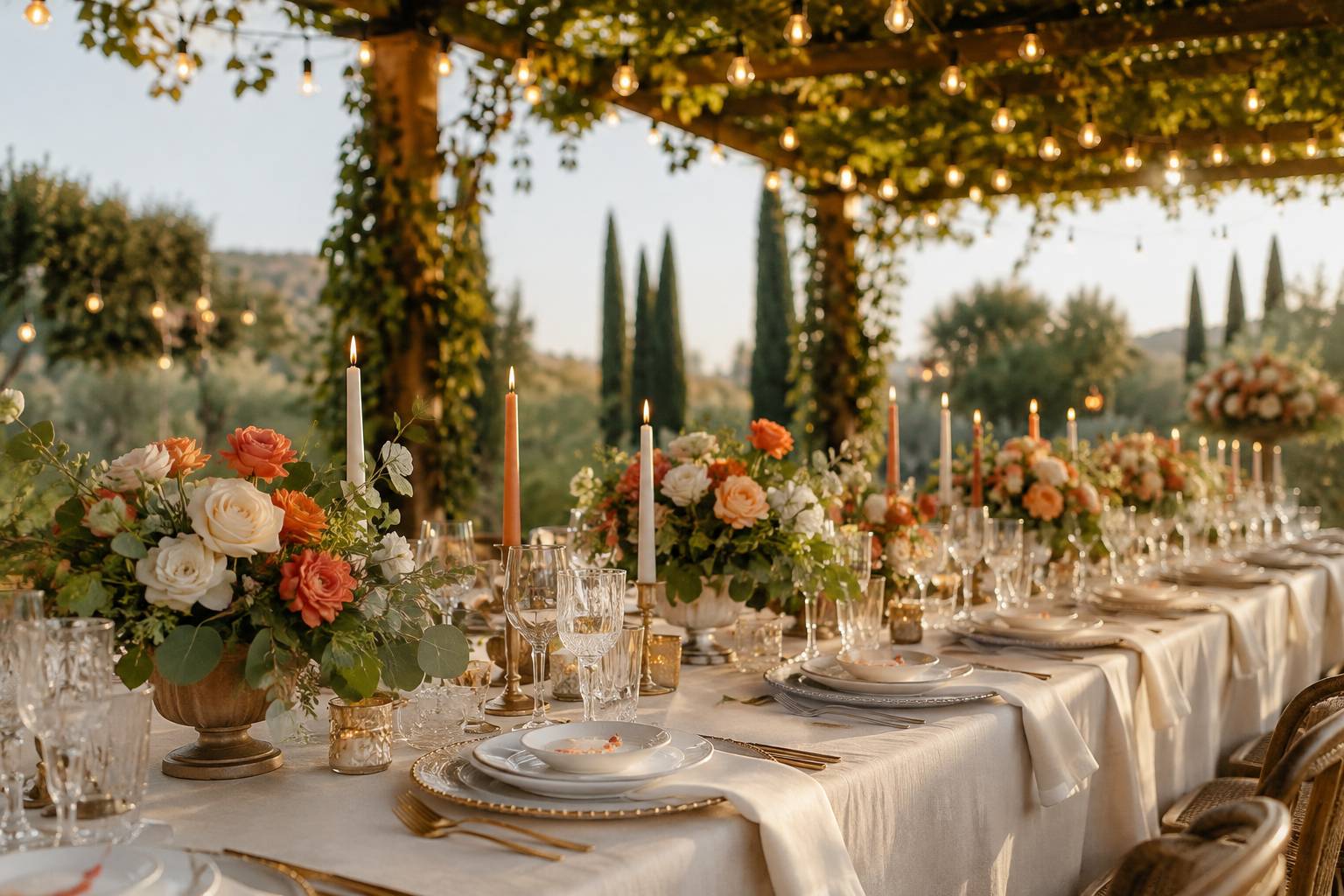 Table de banquet de mariage dressée sous une tonnelle fleurie