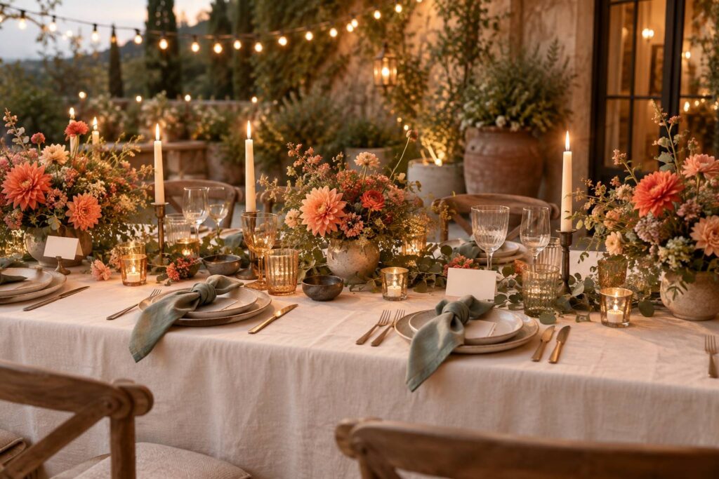 Table de noces d'or dressée avec nappe crème, bougies et fleurs corail et sauge