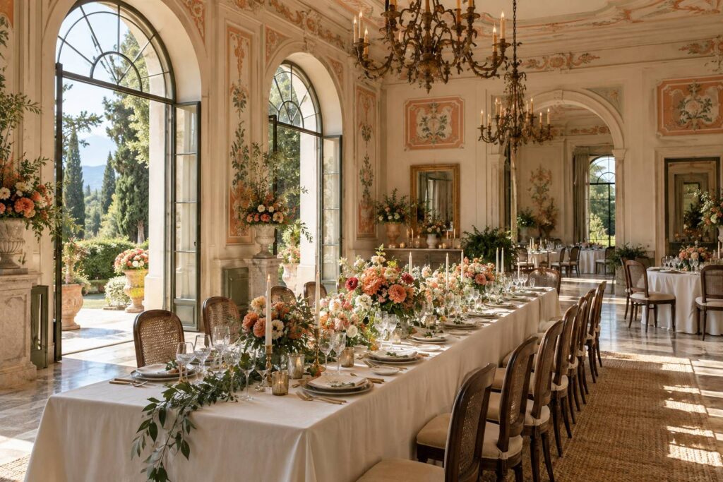 Grand salon de villa dressé pour une réception de mariage