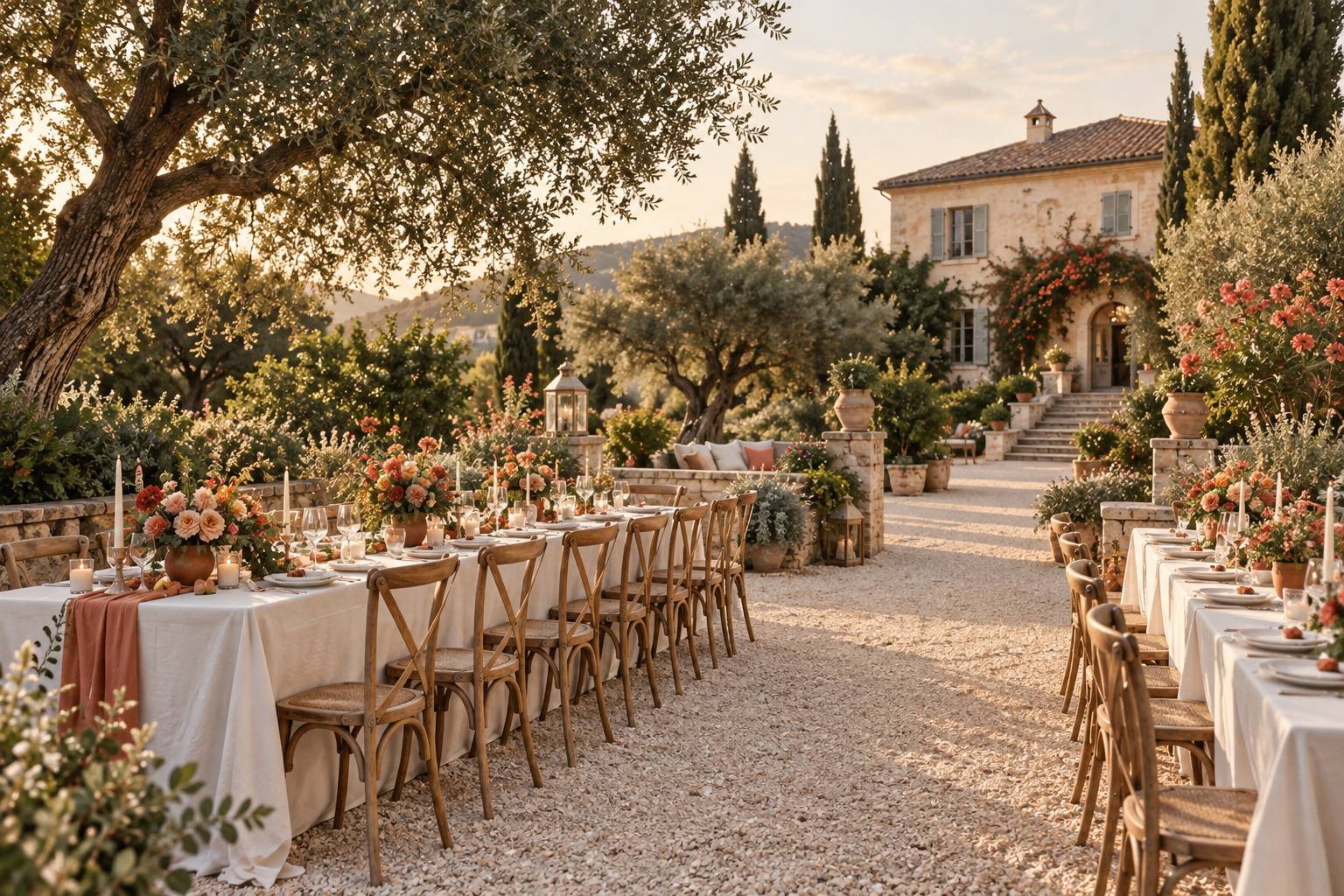 Villa élégante avec parc et tables de réception dressées en extérieur sous des guirlandes