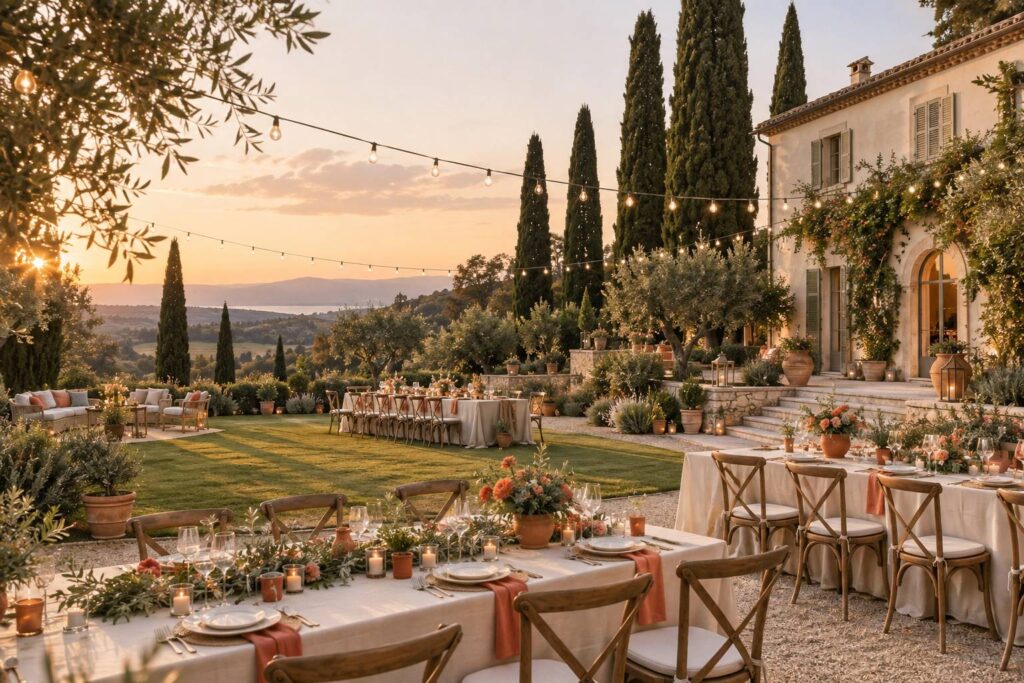 Villa élégante avec parc et tables de réception dressées en extérieur sous des guirlandes