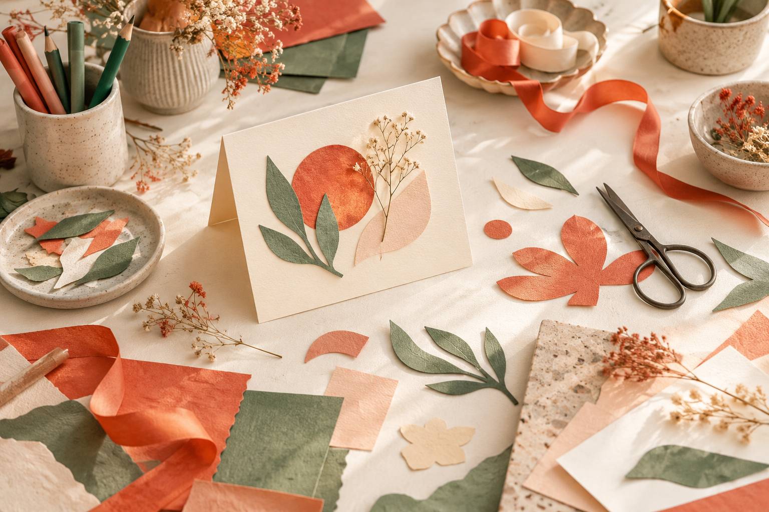 Atelier de papeterie avec carton, feutres, rubans et fleurs sechees
