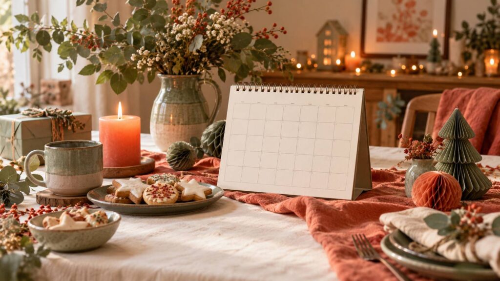 Calendrier générique à cases vides avec bougie et guirlandes sur une nappe crème