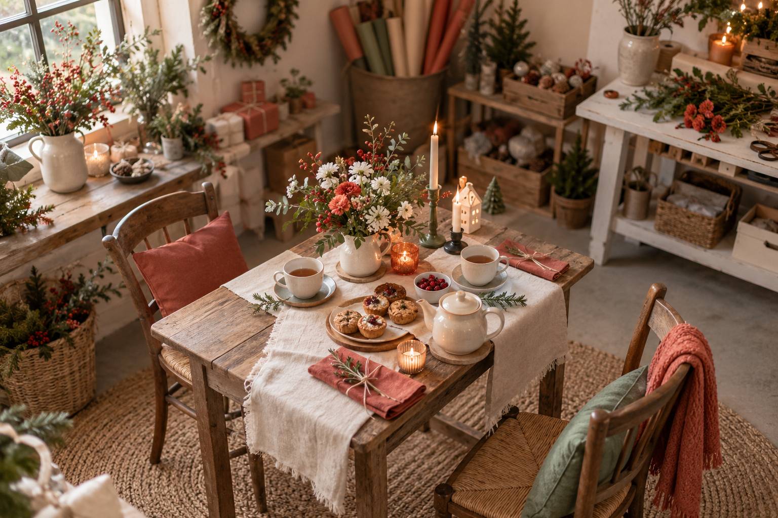 Table pour deux avec tasses, fleurs et chaises dans une ambiance chaleureuse