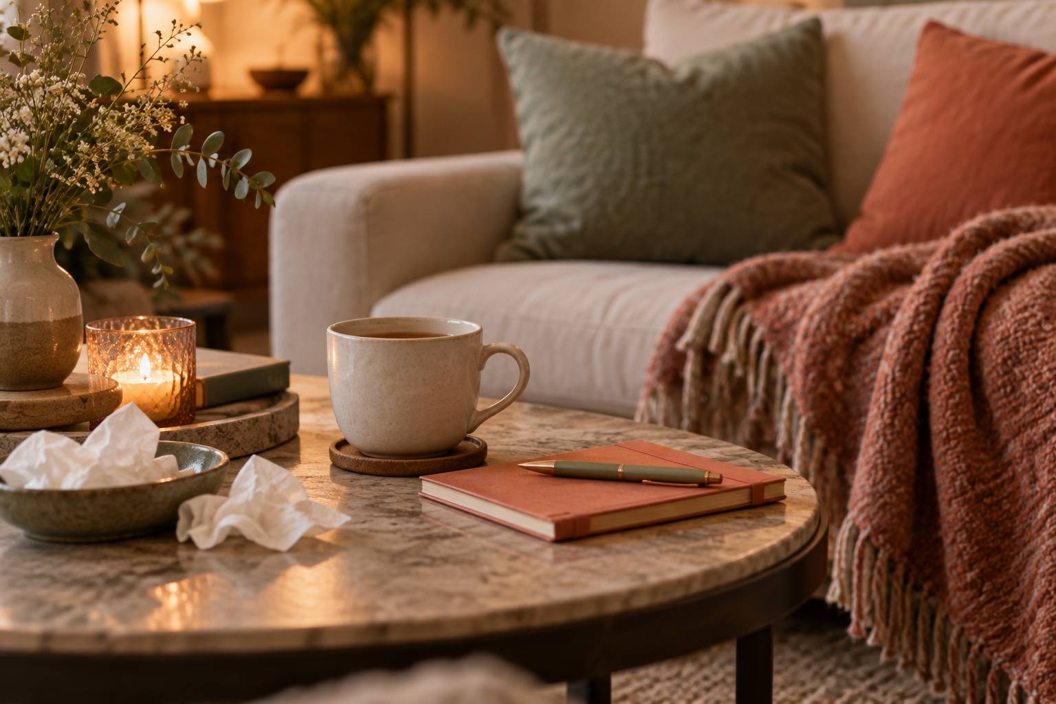 Carnet ferme, tasse de the et mouchoirs sur une table basse