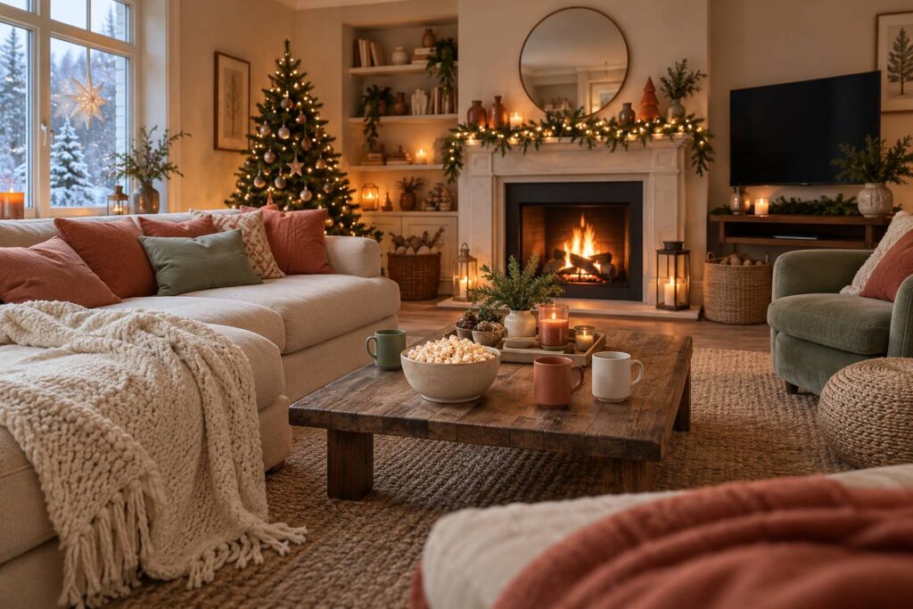 Salon chaleureux décoré pour les fêtes avec canapé, plaid et guirlande lumineuse