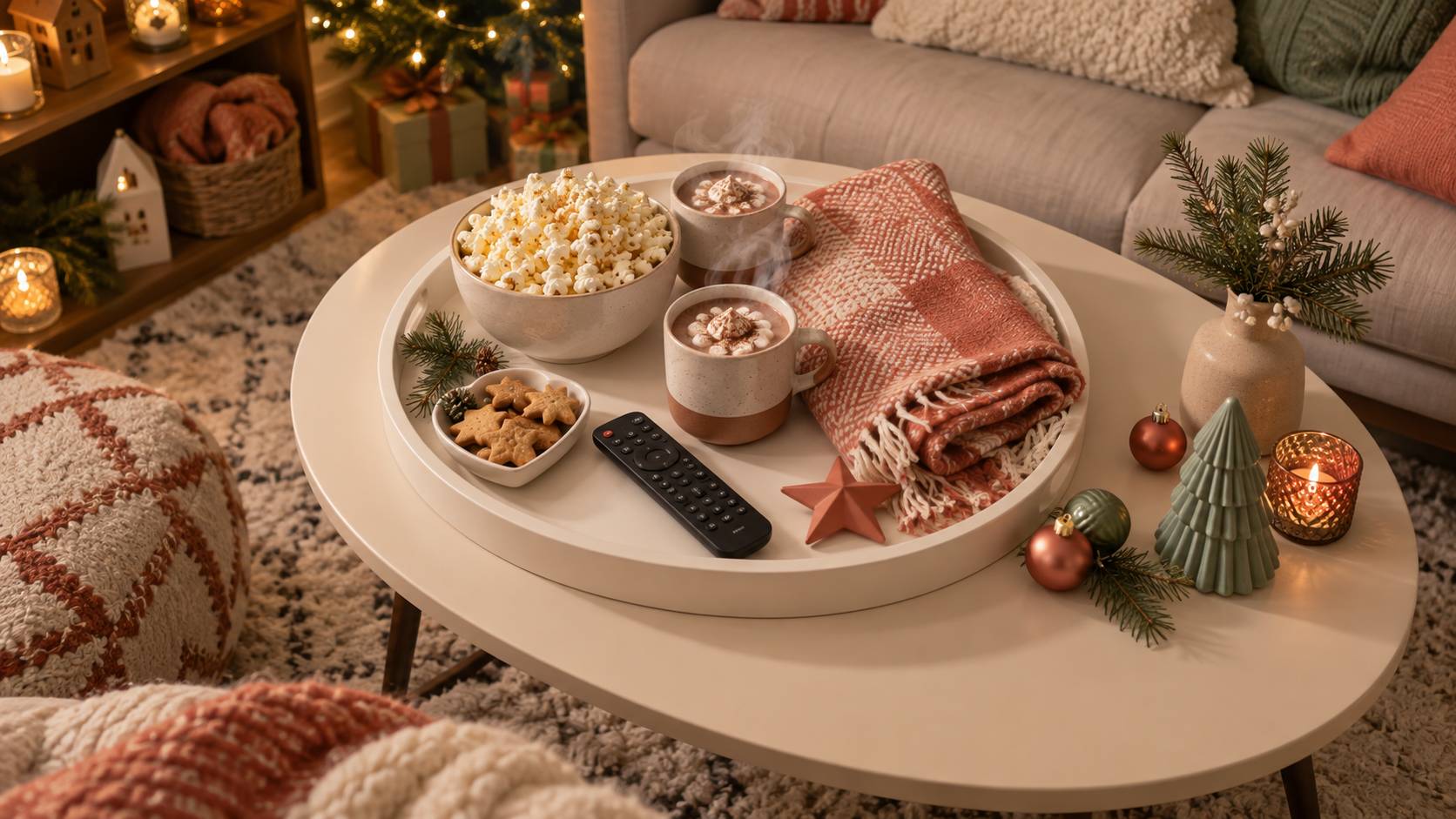 Bol de pop-corn, tasses et plaid pour une soirée film sur une table basse