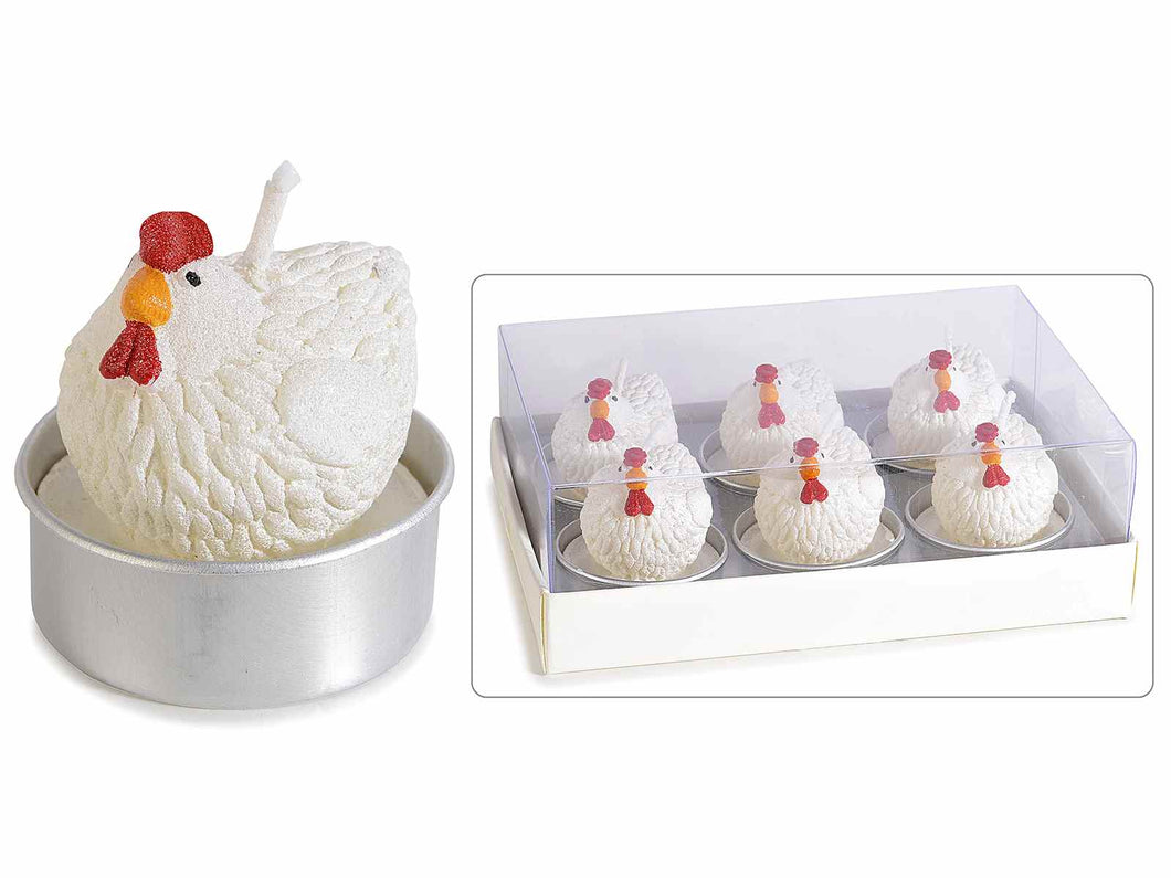 Scatola 6 candele tealight con gallinella pasquale