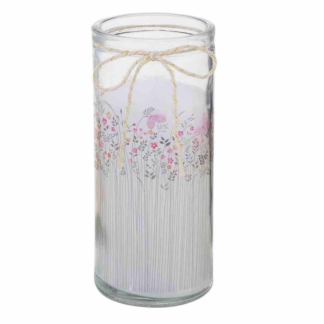 candela in bicchiere di vetro con stampa fiorata