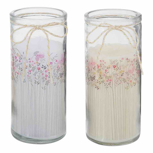 candela in vasetto di vetro trasparente con stampa fiorata