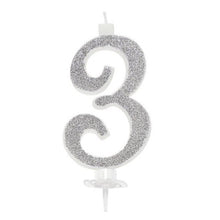 Carica l&#39;immagine nel visualizzatore di Gallery, maxi candeline di compleanno argento glitter numero 3
