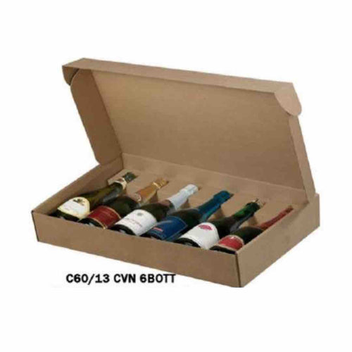 scatola in cartoncino ondulato avana per sei bottiglie di vino stese