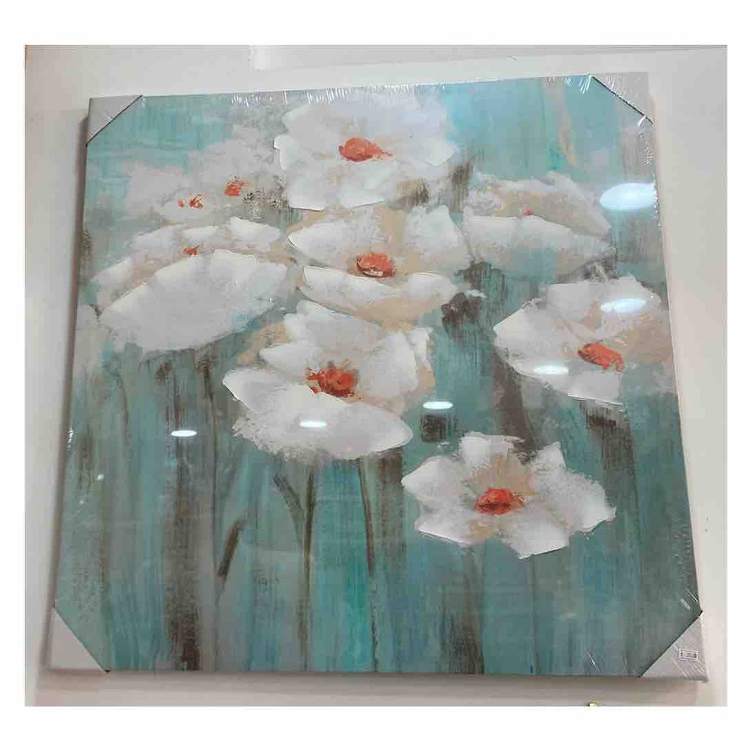 tela da parete 80x80 con base azzurra e stampa fiori bianchi