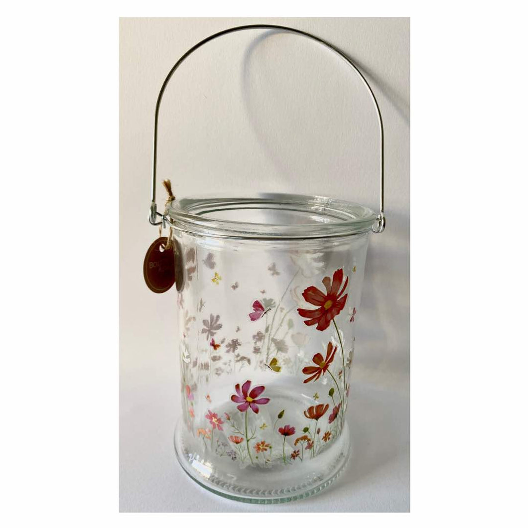 vaso in vetro trasparente con manico e stampa fiorata